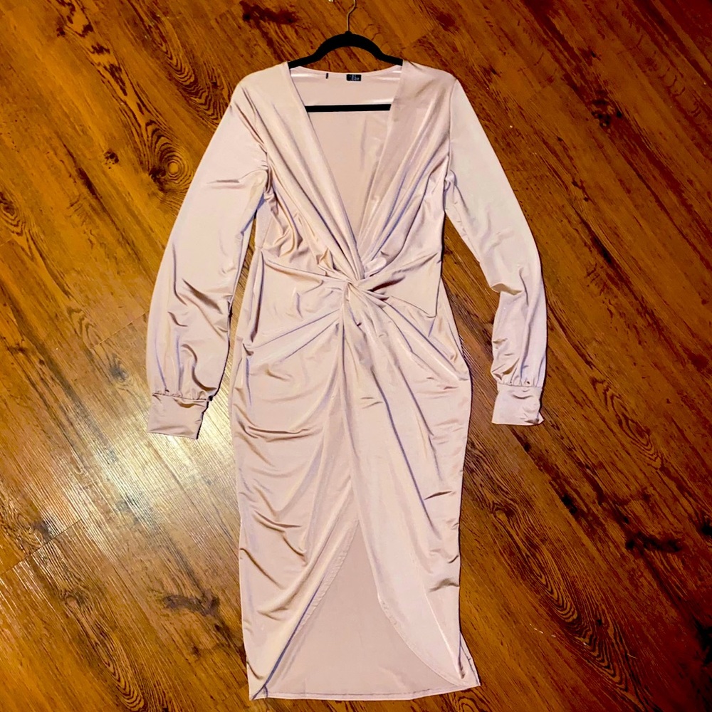 Blush twist front deep plunge dress